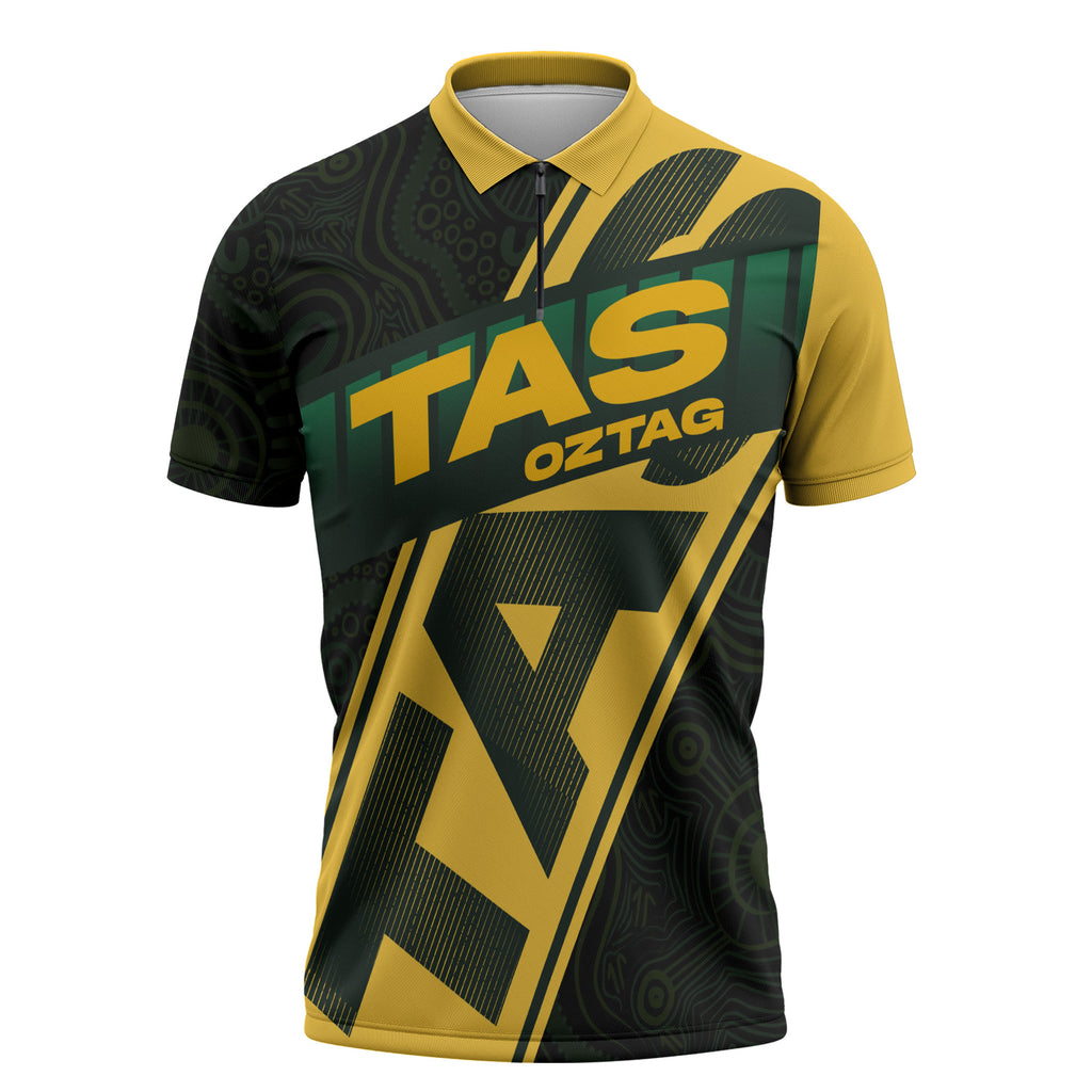 Personalised Tasmania Oztag Zipper Polo Shirt Black Gold Aboriginal Pattern