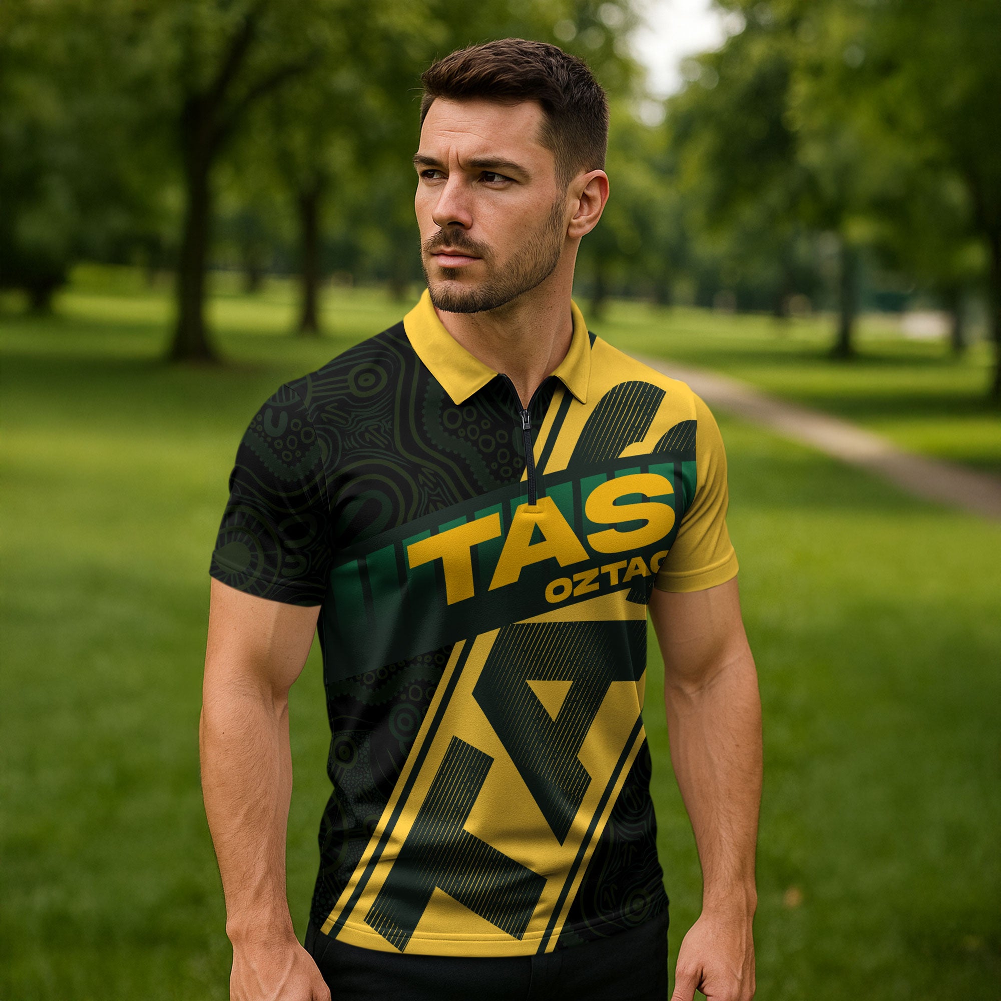 Personalised Tasmania Oztag Zipper Polo Shirt Black Gold Aboriginal Pattern