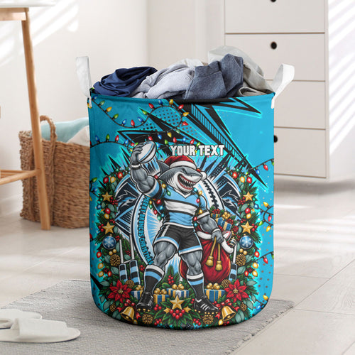 Personalized Cronulla Sutherland Sharks Rugby Christmas Laundry Basket Holiday Mascot Graphic Art Festive Lights Bow