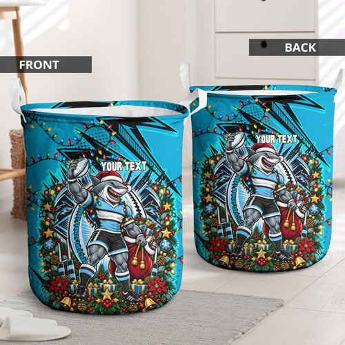 Personalized Cronulla Sutherland Sharks Rugby Christmas Laundry Basket Holiday Mascot Graphic Art Festive Lights Bow