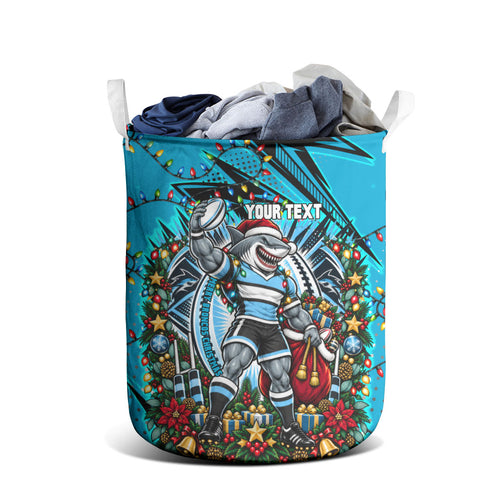 Personalized Cronulla Sutherland Sharks Rugby Christmas Laundry Basket Holiday Mascot Graphic Art Festive Lights Bow