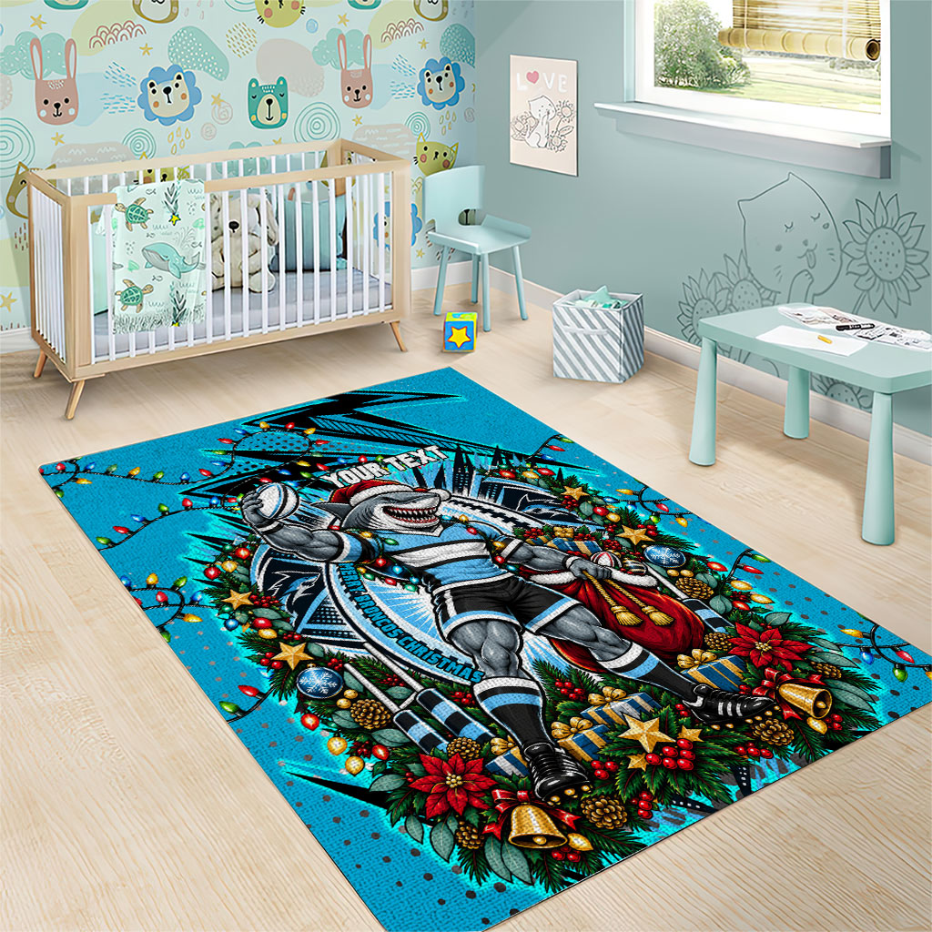 Personalized Cronulla Sutherland Sharks Rugby Christmas Area Rug Holiday Mascot Graphic Art Festive Lights Bow