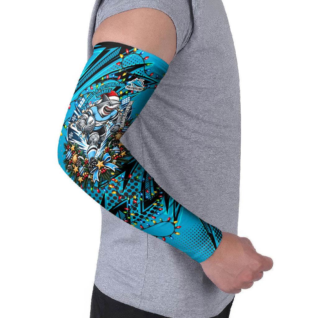Personalized Cronulla Sutherland Sharks Rugby Christmas Arm Sleeves Holiday Mascot Graphic Art Festive Lights Bow