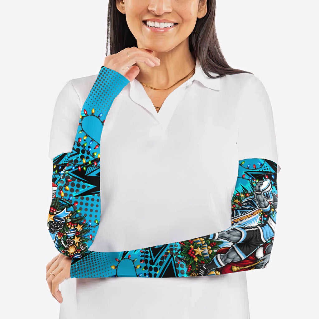 Personalized Cronulla Sutherland Sharks Rugby Christmas Arm Sleeves Holiday Mascot Graphic Art Festive Lights Bow