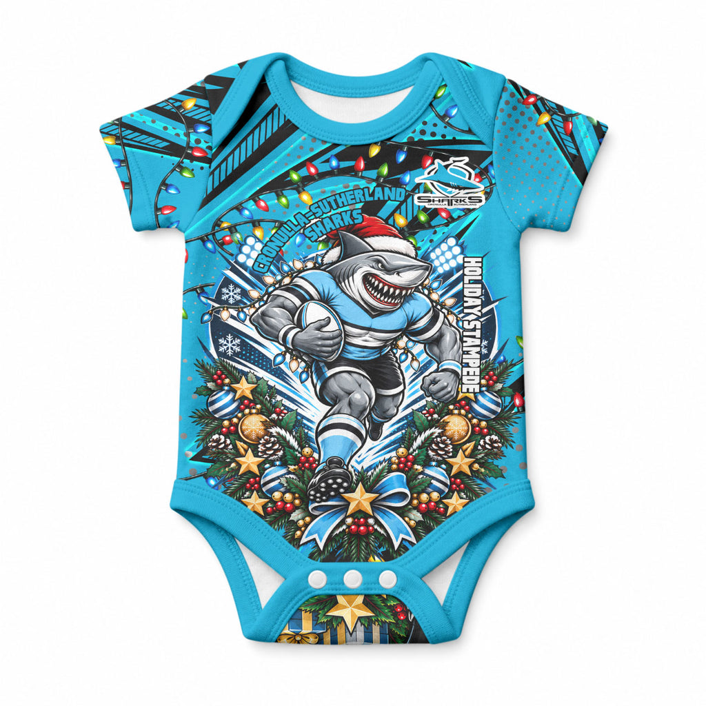 Personalized Cronulla Sutherland Sharks Rugby Christmas Baby Onesie Holiday Mascot Graphic Art Festive Lights Bow