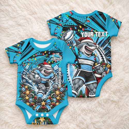 Personalized Cronulla Sutherland Sharks Rugby Christmas Baby Onesie Holiday Mascot Graphic Art Festive Lights Bow