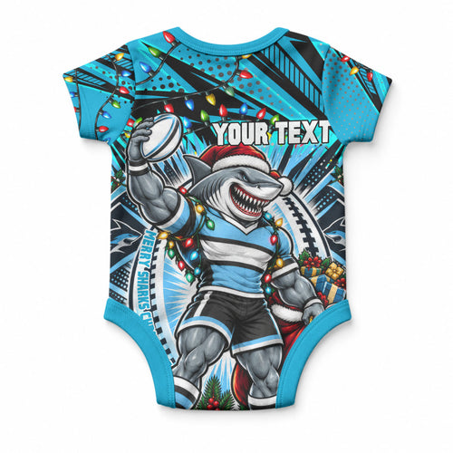 Personalized Cronulla Sutherland Sharks Rugby Christmas Baby Onesie Holiday Mascot Graphic Art Festive Lights Bow