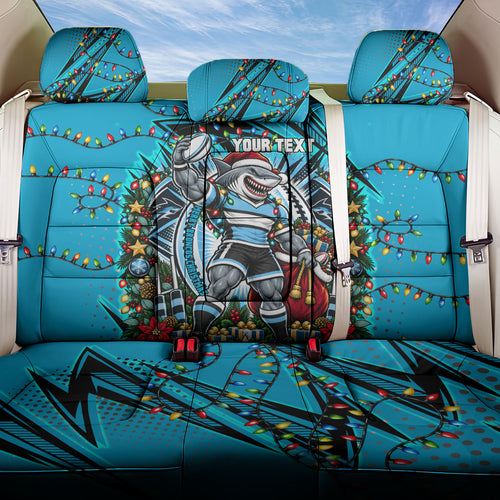 Personalized Cronulla Sutherland Sharks Rugby Christmas Back Car Seat Cover Holiday Mascot Graphic Art Festive Lights Bow