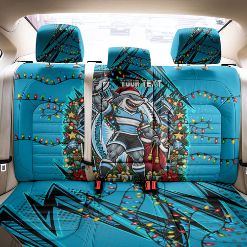 Personalized Cronulla Sutherland Sharks Rugby Christmas Back Car Seat Cover Holiday Mascot Graphic Art Festive Lights Bow