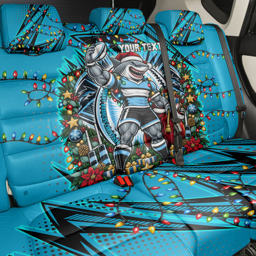 Personalized Cronulla Sutherland Sharks Rugby Christmas Back Car Seat Cover Holiday Mascot Graphic Art Festive Lights Bow