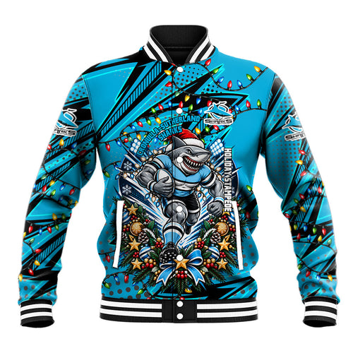 Personalized Cronulla Sutherland Sharks Rugby Christmas Baseball Jacket Holiday Mascot Graphic Art Festive Lights Bow