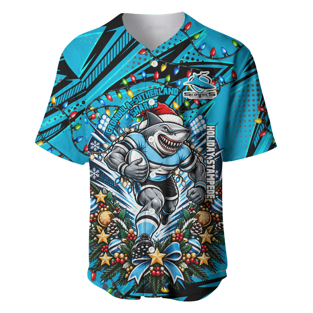 Personalized Cronulla Sutherland Sharks Rugby Christmas Baseball Jersey Holiday Mascot Graphic Art Festive Lights Bow