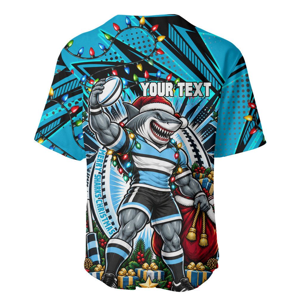 Personalized Cronulla Sutherland Sharks Rugby Christmas Baseball Jersey Holiday Mascot Graphic Art Festive Lights Bow