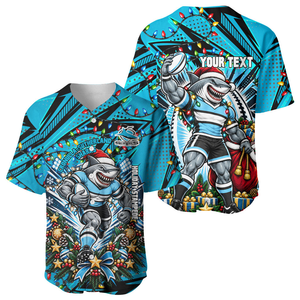 Personalized Cronulla Sutherland Sharks Rugby Christmas Baseball Jersey Holiday Mascot Graphic Art Festive Lights Bow