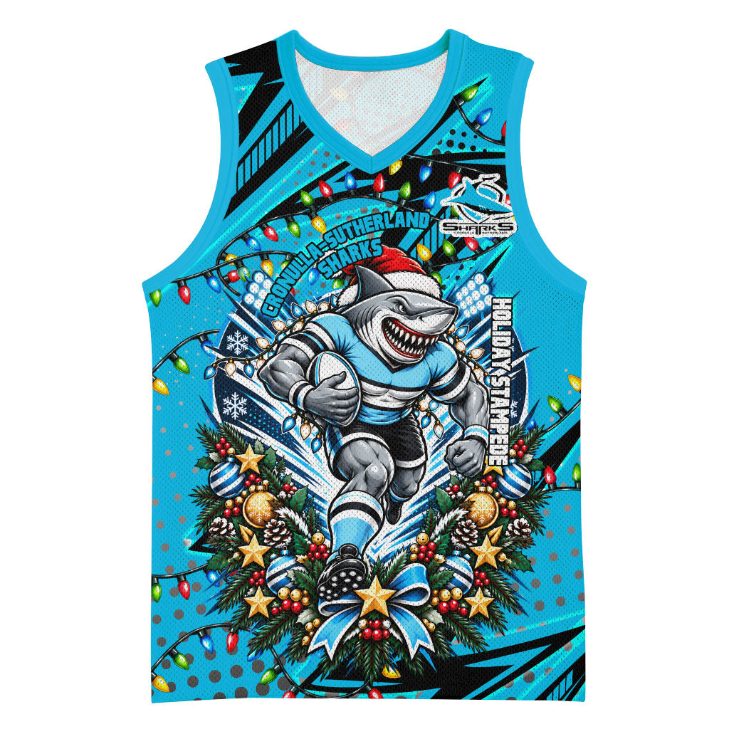 Personalized Cronulla Sutherland Sharks Rugby Christmas Basketball Jersey Holiday Mascot Graphic Art Festive Lights Bow