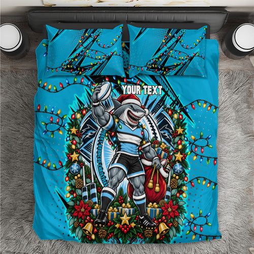 Personalized Cronulla Sutherland Sharks Rugby Christmas Bedding Set Holiday Mascot Graphic Art Festive Lights Bow