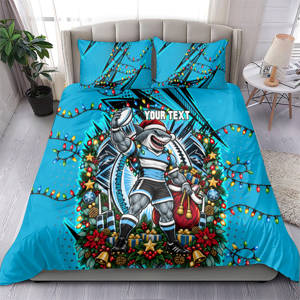 Personalized Cronulla Sutherland Sharks Rugby Christmas Bedding Set Holiday Mascot Graphic Art Festive Lights Bow