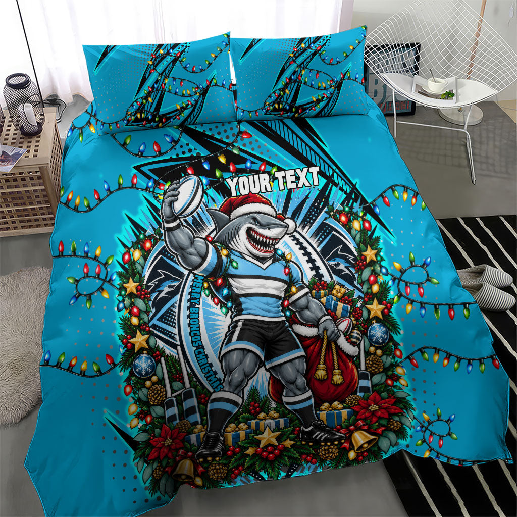 Personalized Cronulla Sutherland Sharks Rugby Christmas Bedding Set Holiday Mascot Graphic Art Festive Lights Bow