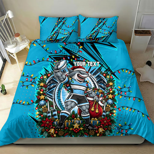 Personalized Cronulla Sutherland Sharks Rugby Christmas Bedding Set Holiday Mascot Graphic Art Festive Lights Bow