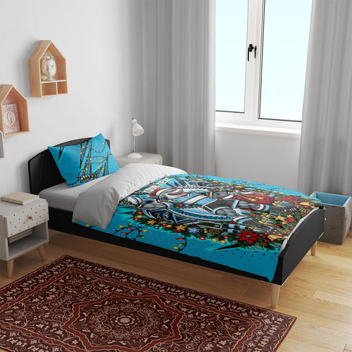 Personalized Cronulla Sutherland Sharks Rugby Christmas Bedding Set Holiday Mascot Graphic Art Festive Lights Bow