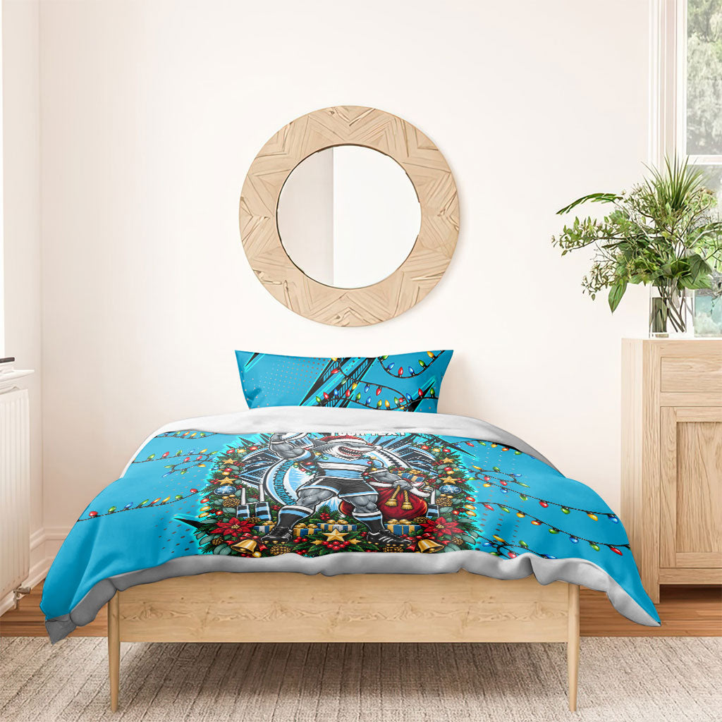 Personalized Cronulla Sutherland Sharks Rugby Christmas Bedding Set Holiday Mascot Graphic Art Festive Lights Bow