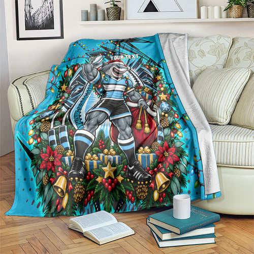 Personalized Cronulla Sutherland Sharks Rugby Christmas Blanket Holiday Mascot Graphic Art Festive Lights Bow