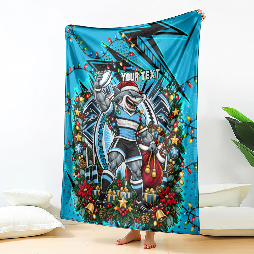 Personalized Cronulla Sutherland Sharks Rugby Christmas Blanket Holiday Mascot Graphic Art Festive Lights Bow