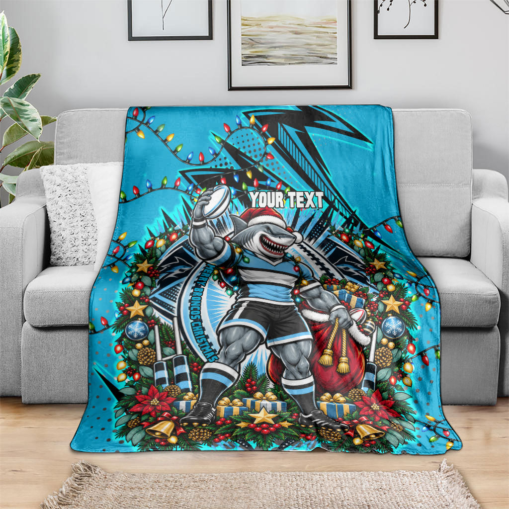 Personalized Cronulla Sutherland Sharks Rugby Christmas Blanket Holiday Mascot Graphic Art Festive Lights Bow