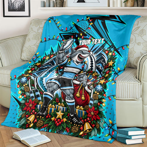 Personalized Cronulla Sutherland Sharks Rugby Christmas Blanket Holiday Mascot Graphic Art Festive Lights Bow