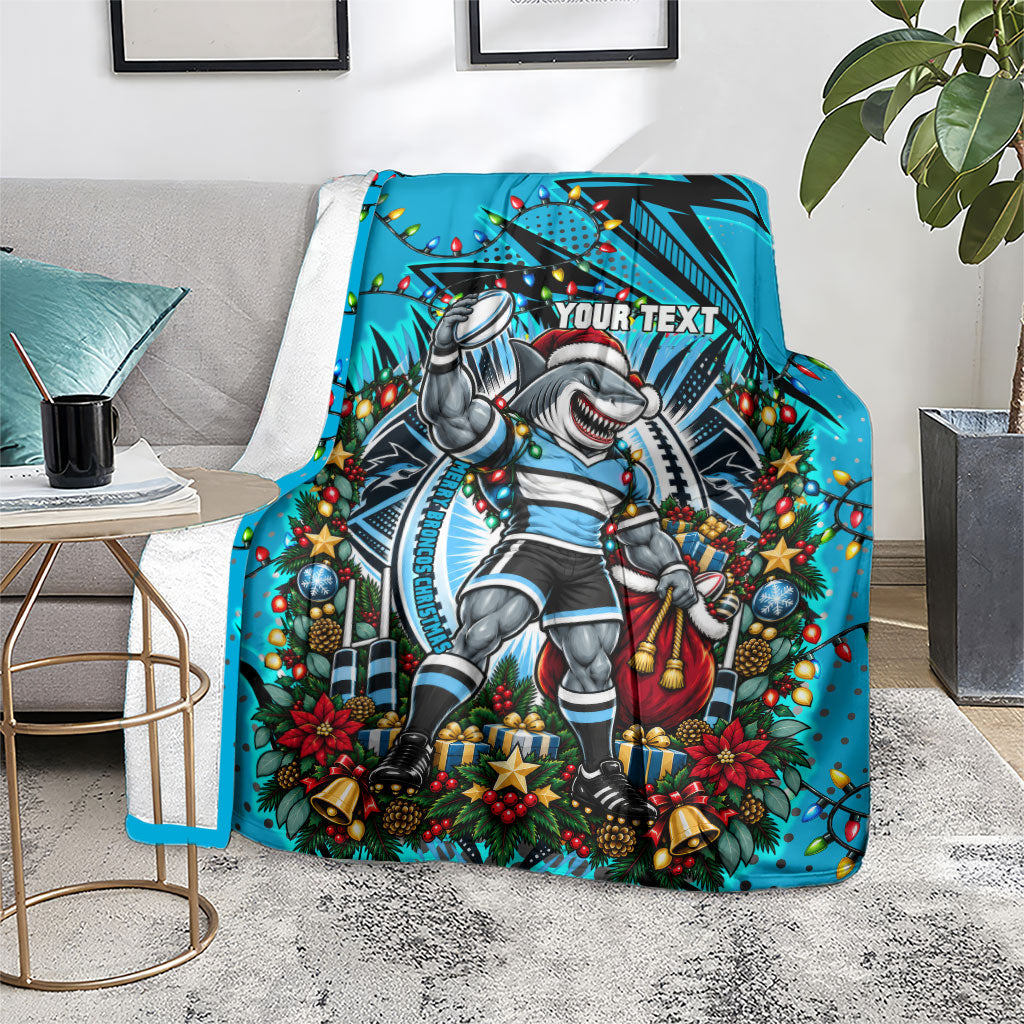 Personalized Cronulla Sutherland Sharks Rugby Christmas Blanket Holiday Mascot Graphic Art Festive Lights Bow