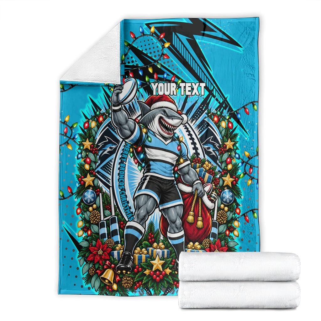 Personalized Cronulla Sutherland Sharks Rugby Christmas Blanket Holiday Mascot Graphic Art Festive Lights Bow