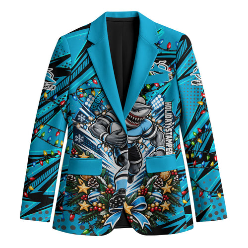 Personalized Cronulla Sutherland Sharks Rugby Christmas Blazer Holiday Mascot Graphic Art Festive Lights Bow