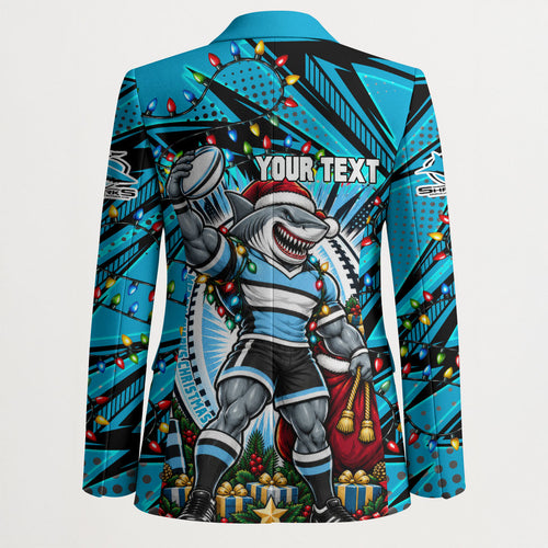 Personalized Cronulla Sutherland Sharks Rugby Christmas Blazer Holiday Mascot Graphic Art Festive Lights Bow