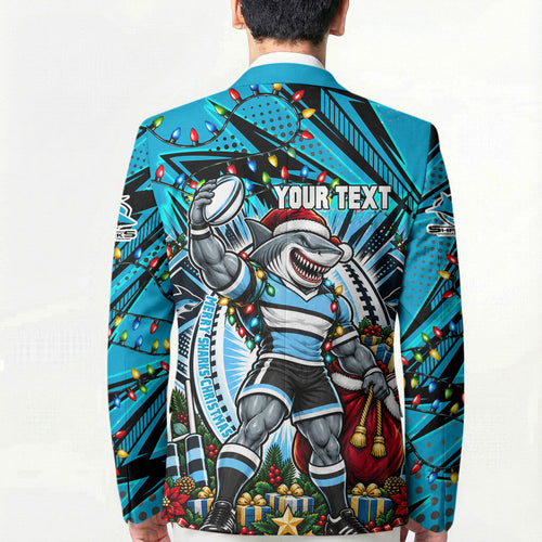 Personalized Cronulla Sutherland Sharks Rugby Christmas Blazer Holiday Mascot Graphic Art Festive Lights Bow