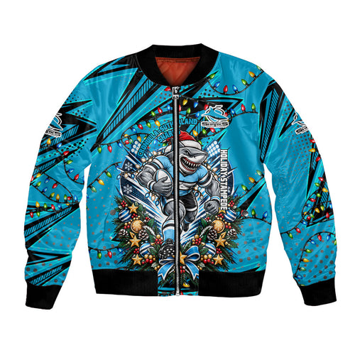 Personalized Cronulla Sutherland Sharks Rugby Christmas Bomber Jacket Holiday Mascot Graphic Art Festive Lights Bow