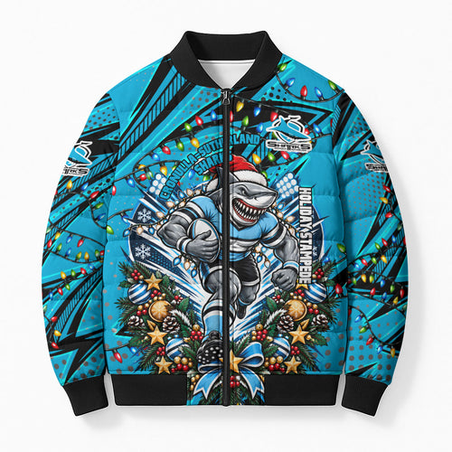 Personalized Cronulla Sutherland Sharks Rugby Christmas Bomber Puffer Jacket Holiday Mascot Graphic Art Festive Lights Bow