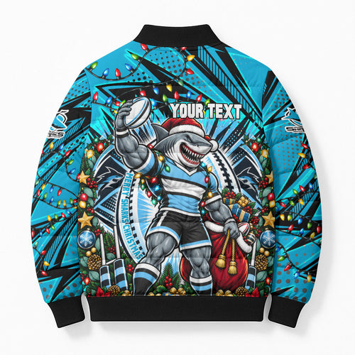 Personalized Cronulla Sutherland Sharks Rugby Christmas Bomber Puffer Jacket Holiday Mascot Graphic Art Festive Lights Bow