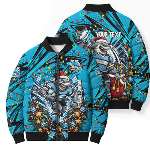 Personalized Cronulla Sutherland Sharks Rugby Christmas Bomber Puffer Jacket Holiday Mascot Graphic Art Festive Lights Bow