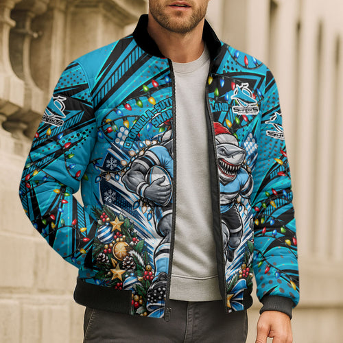 Personalized Cronulla Sutherland Sharks Rugby Christmas Bomber Puffer Jacket Holiday Mascot Graphic Art Festive Lights Bow