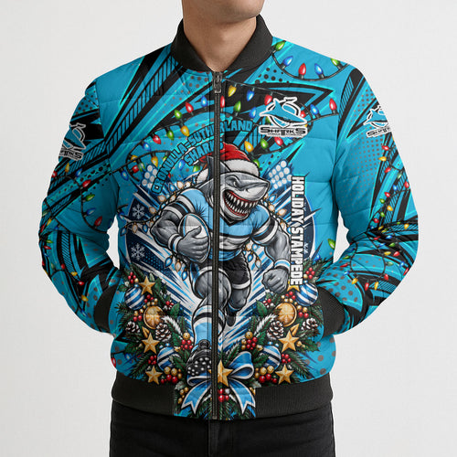Personalized Cronulla Sutherland Sharks Rugby Christmas Bomber Puffer Jacket Holiday Mascot Graphic Art Festive Lights Bow