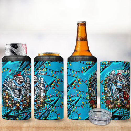 Personalized Cronulla Sutherland Sharks Rugby Christmas 4 in 1 Can Cooler Tumbler Holiday Mascot Graphic Art Festive Lights Bow