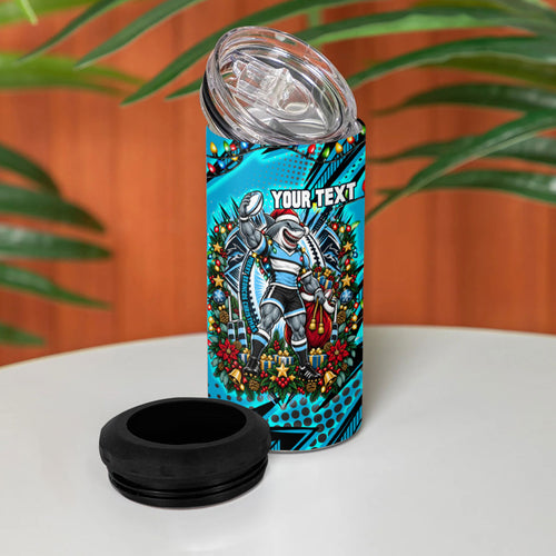 Personalized Cronulla Sutherland Sharks Rugby Christmas 4 in 1 Can Cooler Tumbler Holiday Mascot Graphic Art Festive Lights Bow