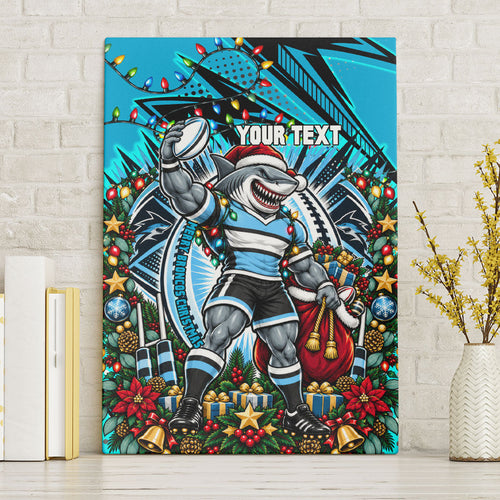 Personalized Cronulla Sutherland Sharks Rugby Christmas Canvas Wall Art Holiday Mascot Graphic Art Festive Lights Bow