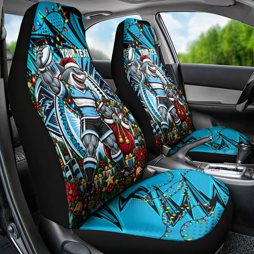 Personalized Cronulla Sutherland Sharks Rugby Christmas Car Seat Cover Holiday Mascot Graphic Art Festive Lights Bow