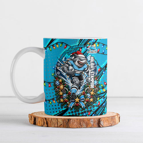 Personalized Cronulla Sutherland Sharks Rugby Christmas Ceramic Mug Holiday Mascot Graphic Art Festive Lights Bow