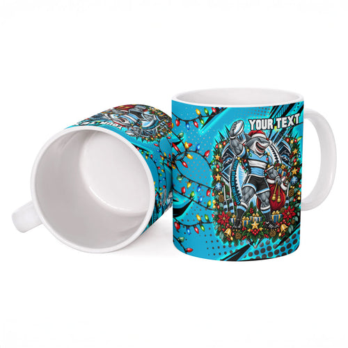 Personalized Cronulla Sutherland Sharks Rugby Christmas Ceramic Mug Holiday Mascot Graphic Art Festive Lights Bow