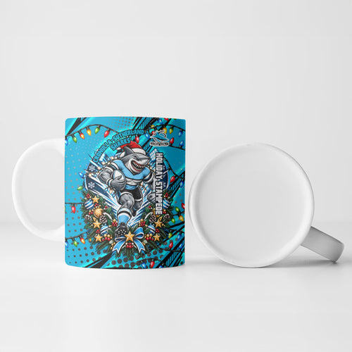 Personalized Cronulla Sutherland Sharks Rugby Christmas Ceramic Mug Holiday Mascot Graphic Art Festive Lights Bow