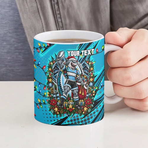 Personalized Cronulla Sutherland Sharks Rugby Christmas Ceramic Mug Holiday Mascot Graphic Art Festive Lights Bow