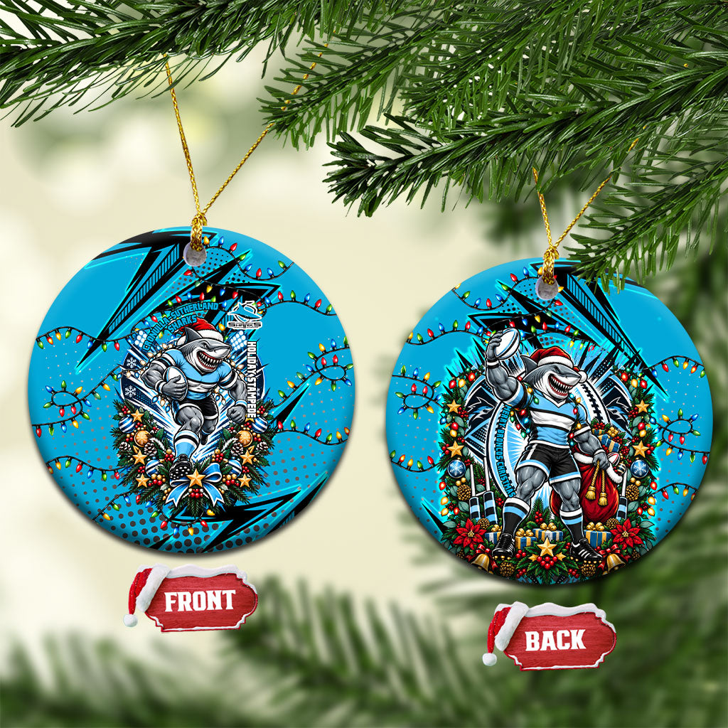 Cronulla Sutherland Sharks Rugby Christmas Ceramic Ornament Holiday Mascot Graphic Art Festive Lights Bow