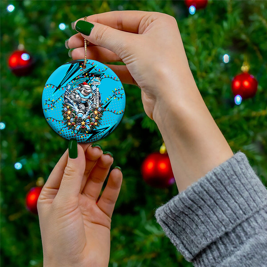 Cronulla Sutherland Sharks Rugby Christmas Ceramic Ornament Holiday Mascot Graphic Art Festive Lights Bow